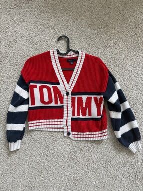Tommy Hilfiger Red, Navy & White kids Cropped Logo Cardigan
